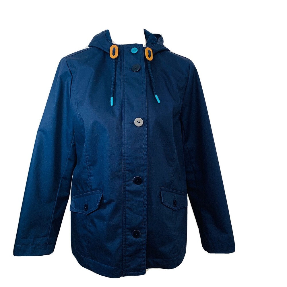 Talbots Jacket‎ Woman Medium Petite Hood Full Zip Pockets Navy Blue Lightweight